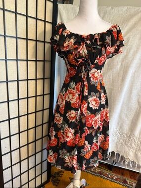 Astr Black Floral Off-Shoulder Midi Dress with Red & Cream Blooms